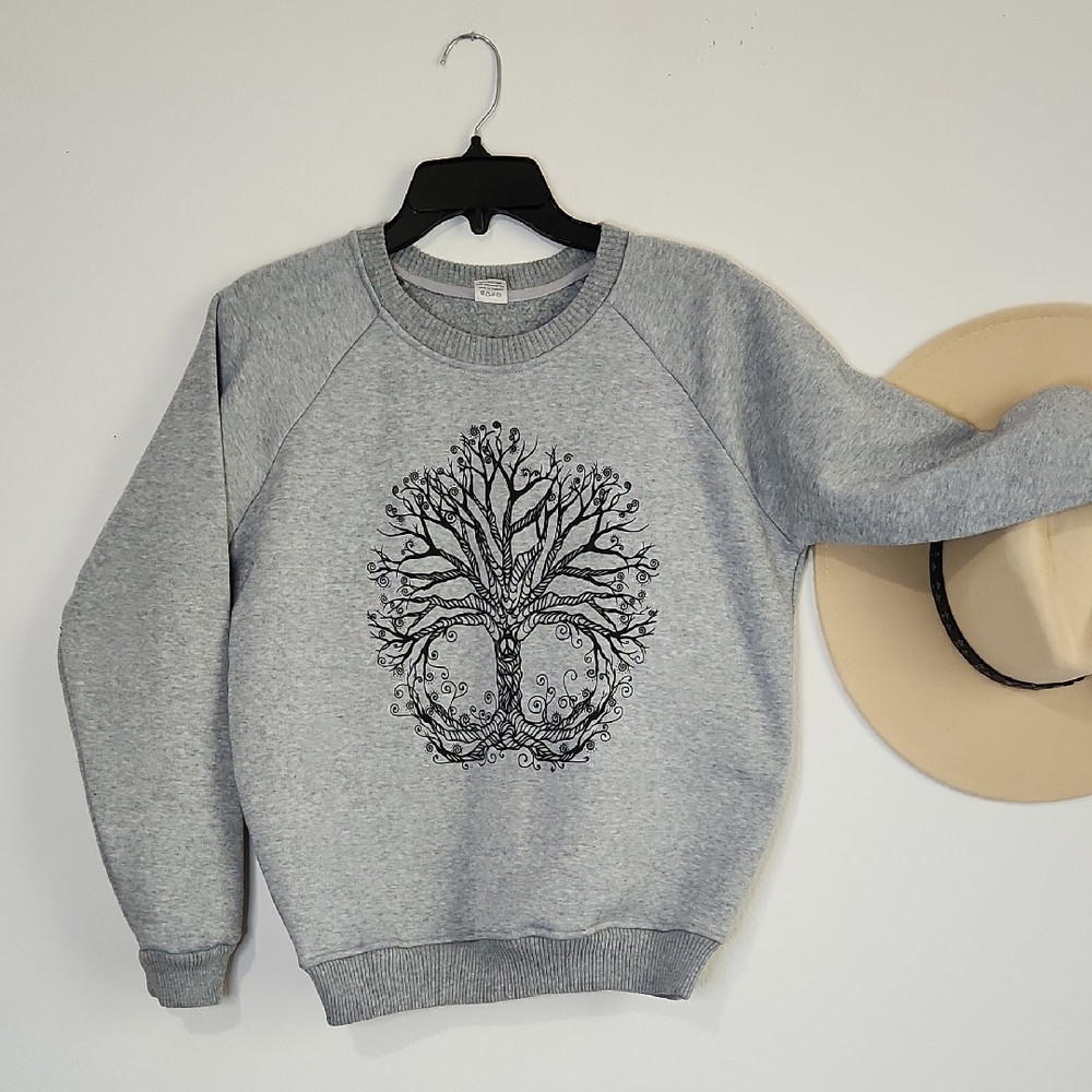 Elegant Gray Crewneck Sweater with Tree Design